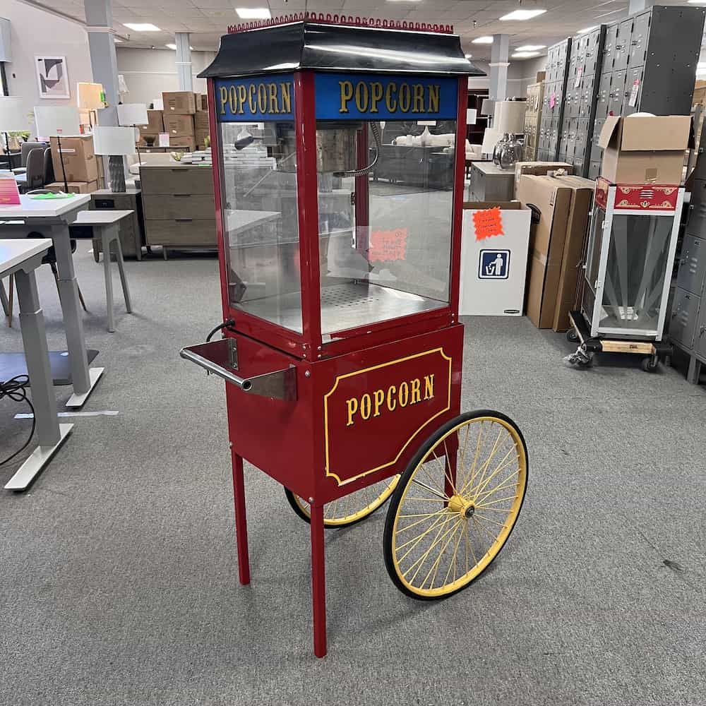 popcorn machine red and yellow with rolling cart