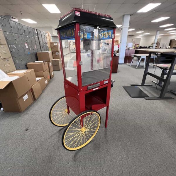 popcorn machine red and yellow with rolling cart