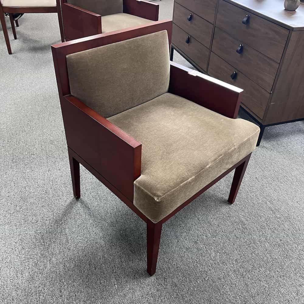 cherry veneer chair frame in a box around the back, velvet like tan mohair seat upholstery