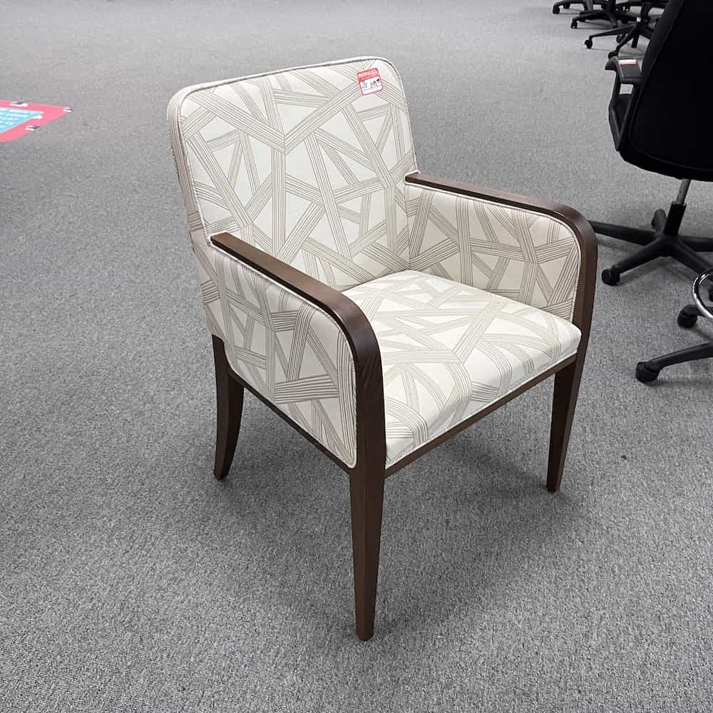 walnut guest chair with white pattern upholstery, modern