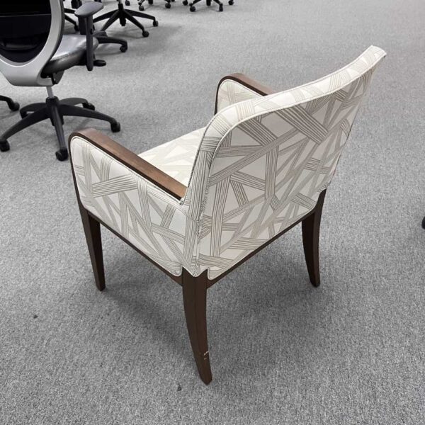 walnut guest chair with white pattern upholstery, modern, back view