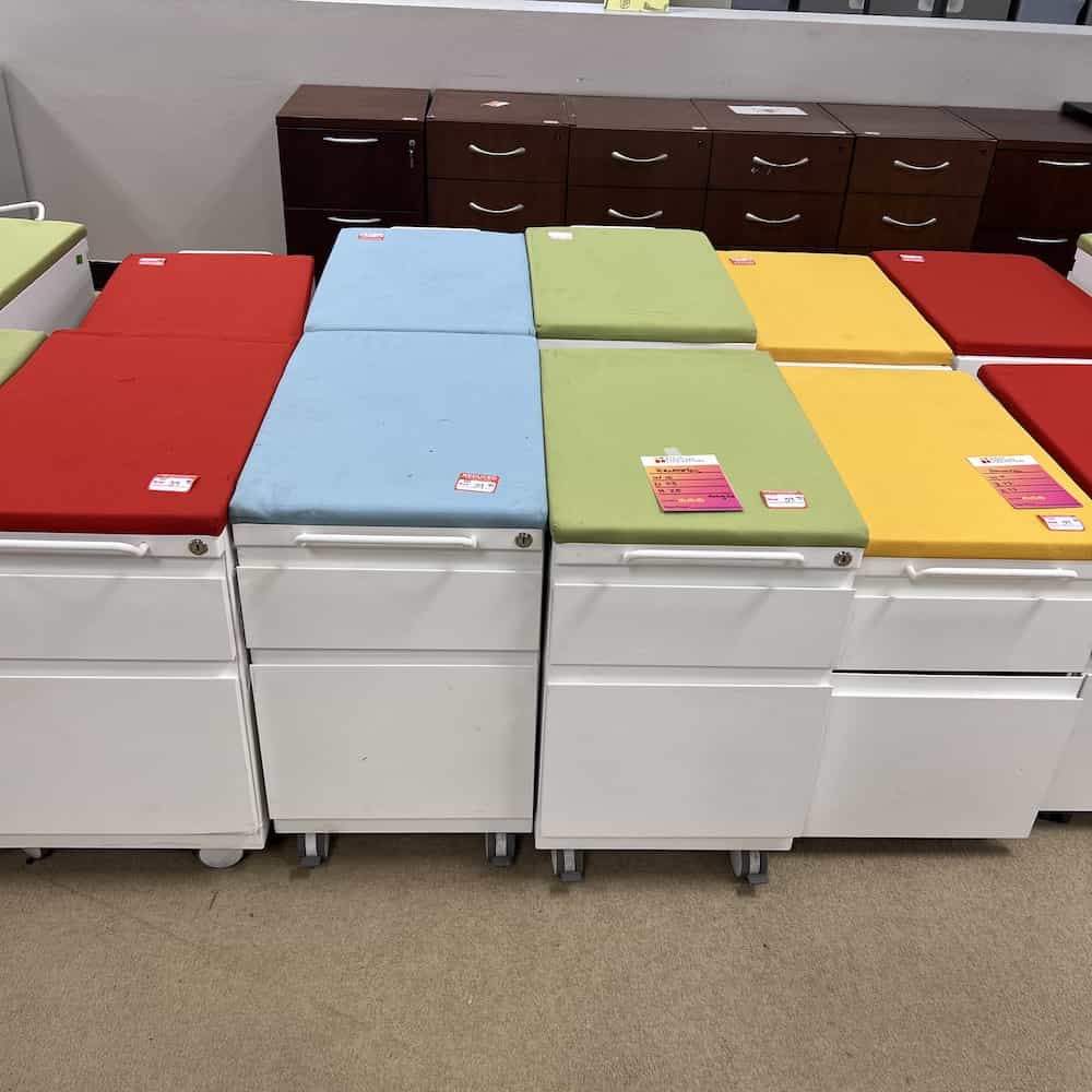 white box file rolling pedestal files, metal, with red, blue, green, or yellow cushion tops, haworth brand