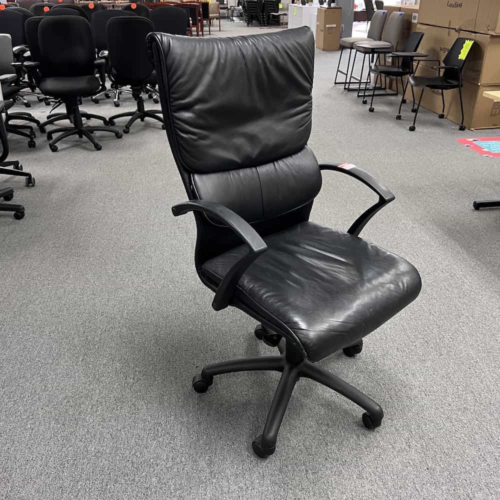black leather high back conference chair leland 2009, square back, fixed arms