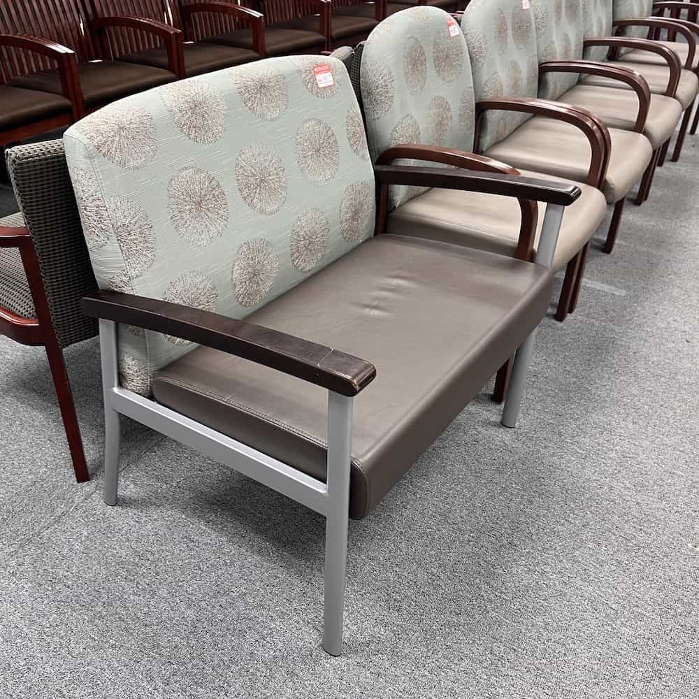 tan vinyl seat, light blue starburst upholstered back, bariatric wide chair with silver base