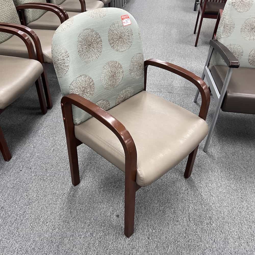 tan vinyl seat, light blue starburst upholstered back, mahogany veneer arms, global