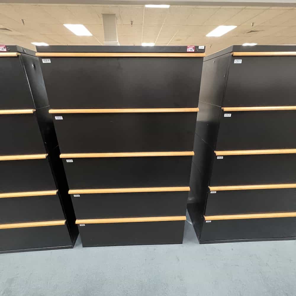 black metal 5 drawer cabinet with long horizontal maple pulls