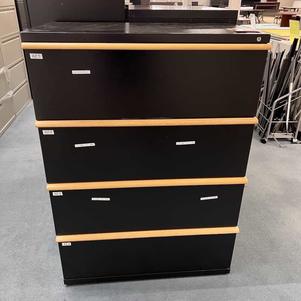 black metal 4 drawer cabinet with long horizontal maple pulls