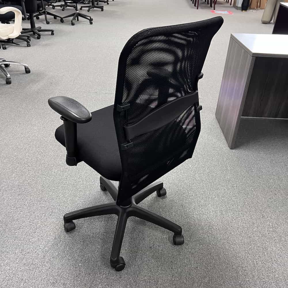 mesh back upholstered office task chair, back view