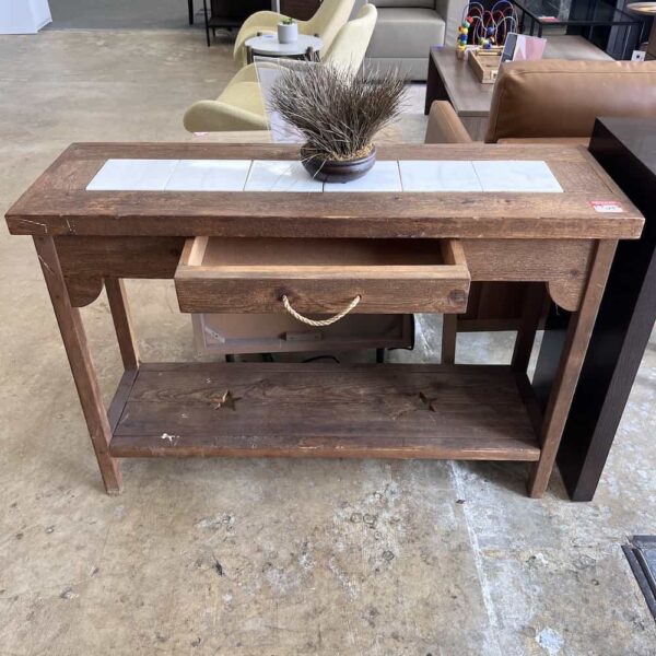 weathered wood hallway table with rope pull drawer and marple look tile inlay on top