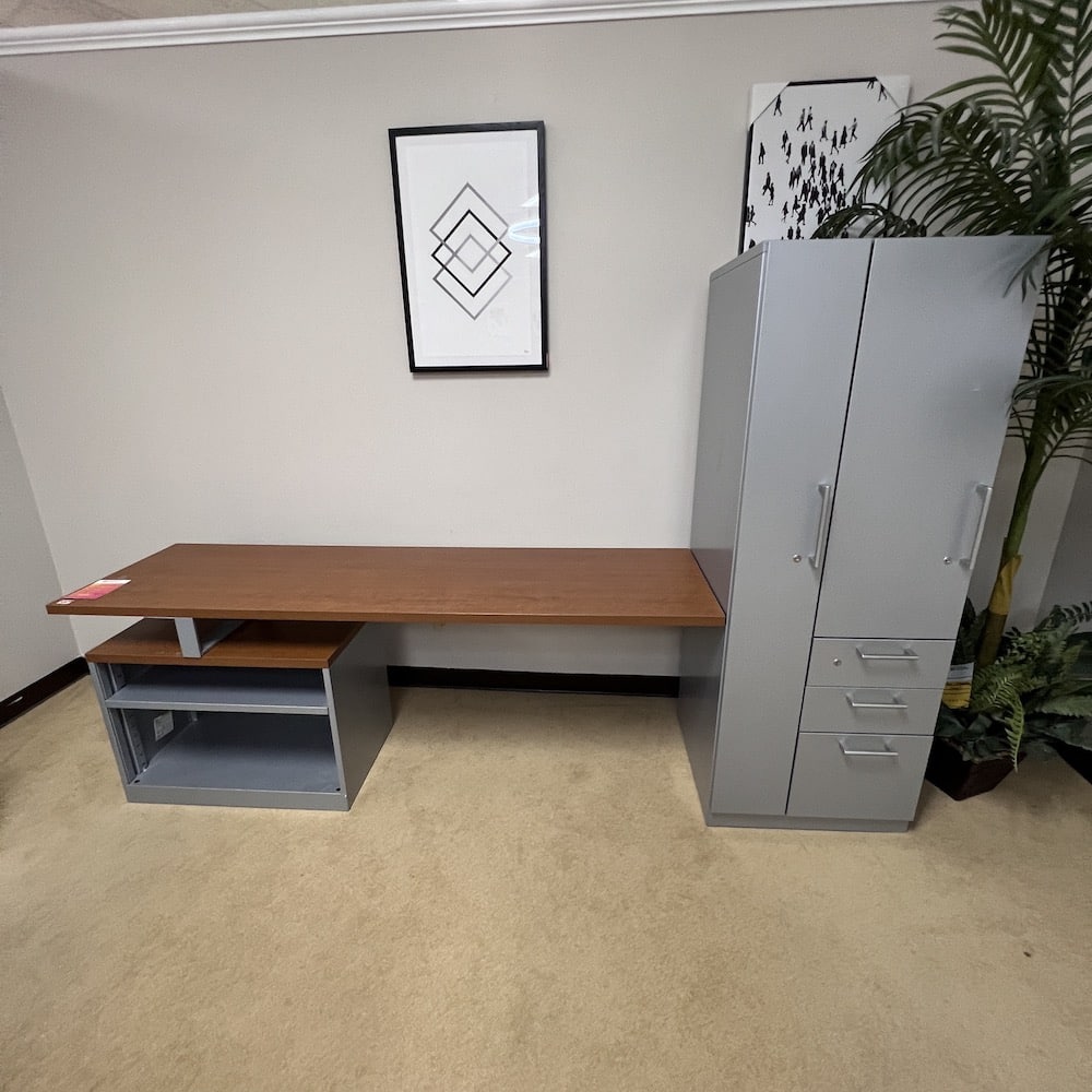 Cherry credenza desk with grey metal storage cabinet on the right, shelves under on left side, very modern