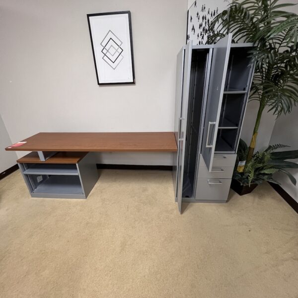 Cherry credenza desk with grey metal storage cabinet on the right, shelves under on left side, very modern, storage cabinet show open