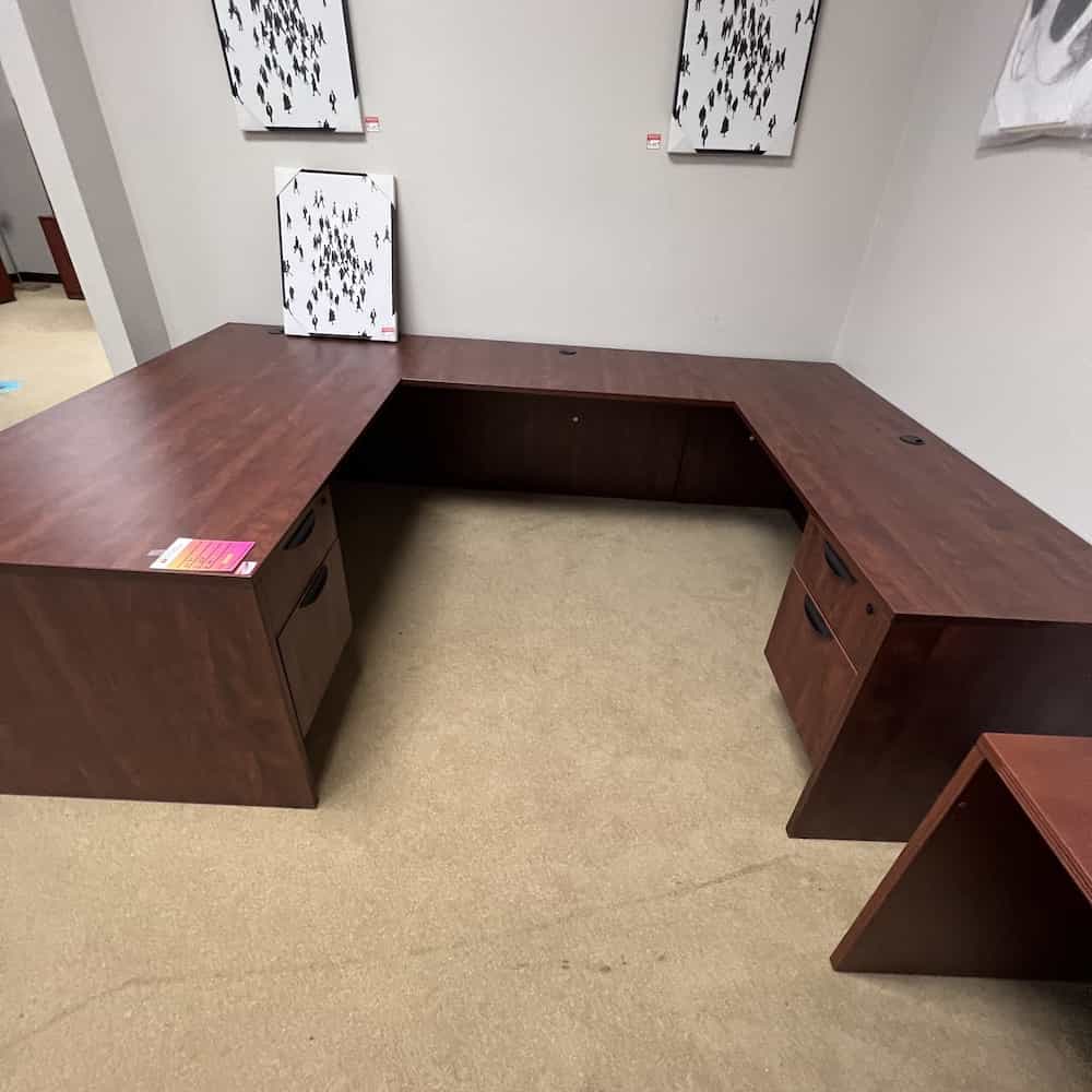 cherry u-desk with right return, two hanging box files, side view