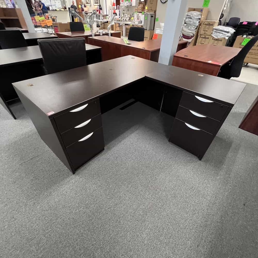 espresso l-desk 66" right return with two pedestals and silver pulls