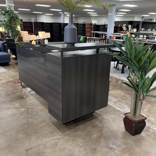 new palisades industrial style l-desk reception with glass transaction top dark grey laminate