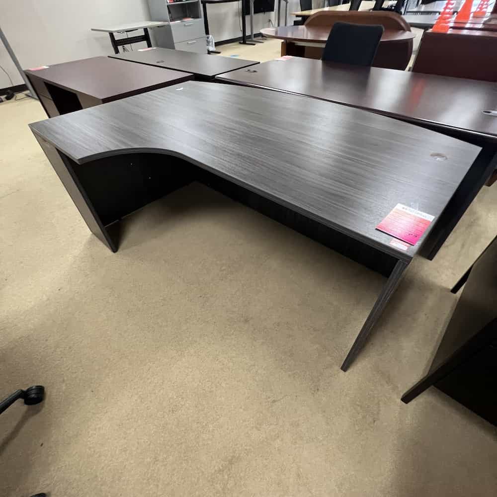 grey laminate porkchop shell desk with bow front, left return