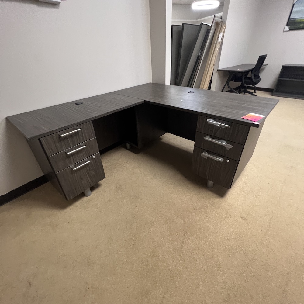 grey laminate l-desk with 2 pedestal files and long silver holes, left return