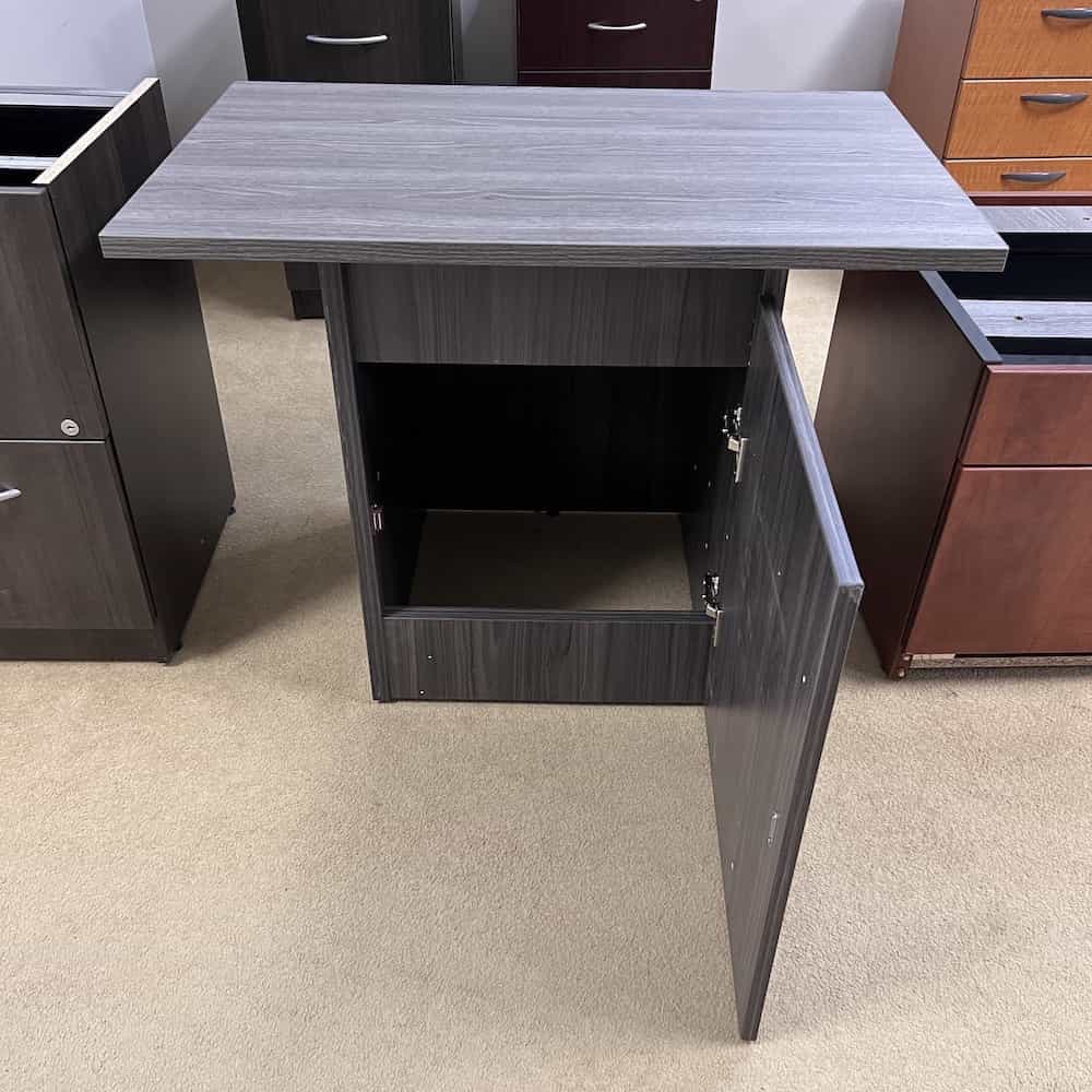 grey laminate short table with storage cabinet and 1 door
