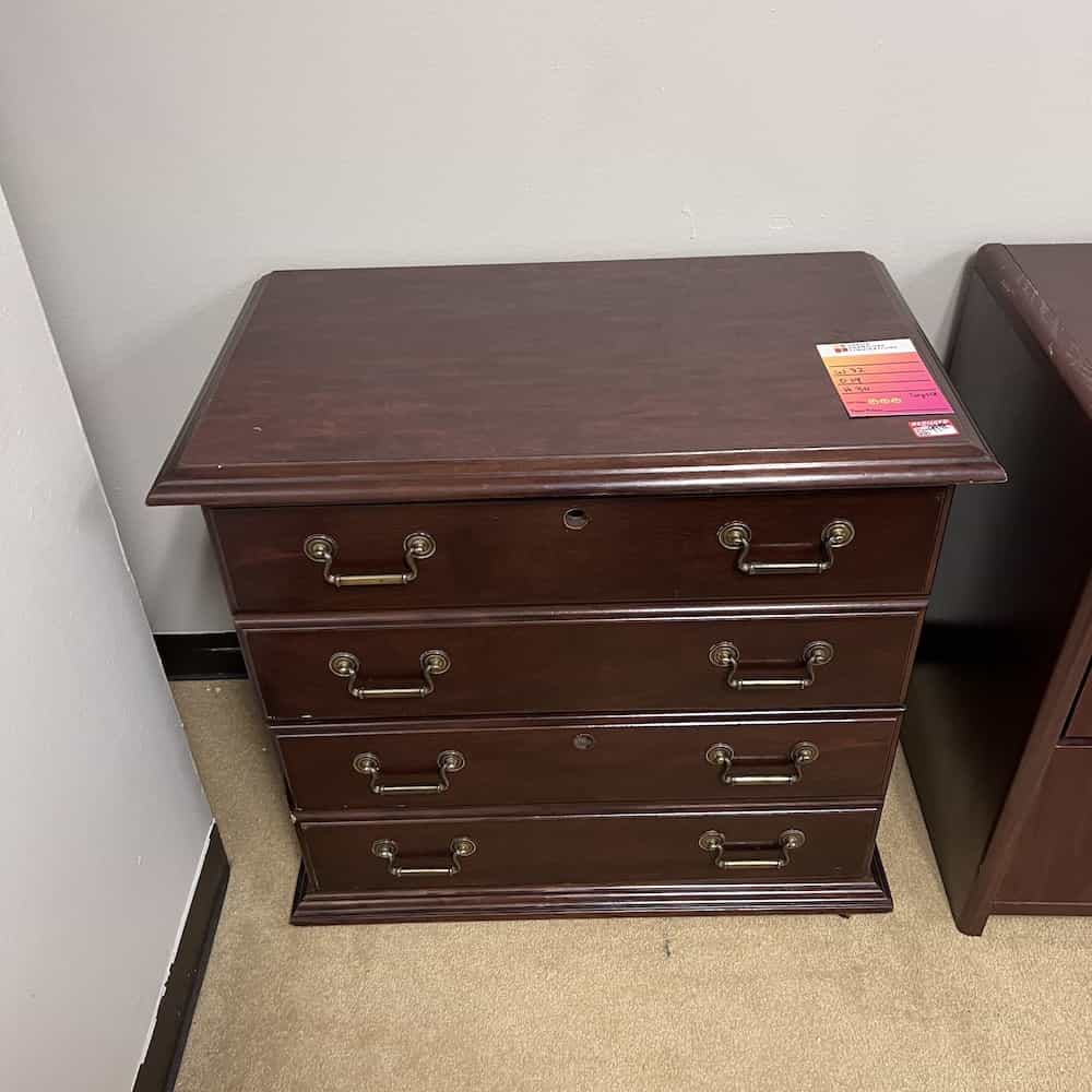 traditional 2 drawer lateral with 8 brass pulls on mahogany finish