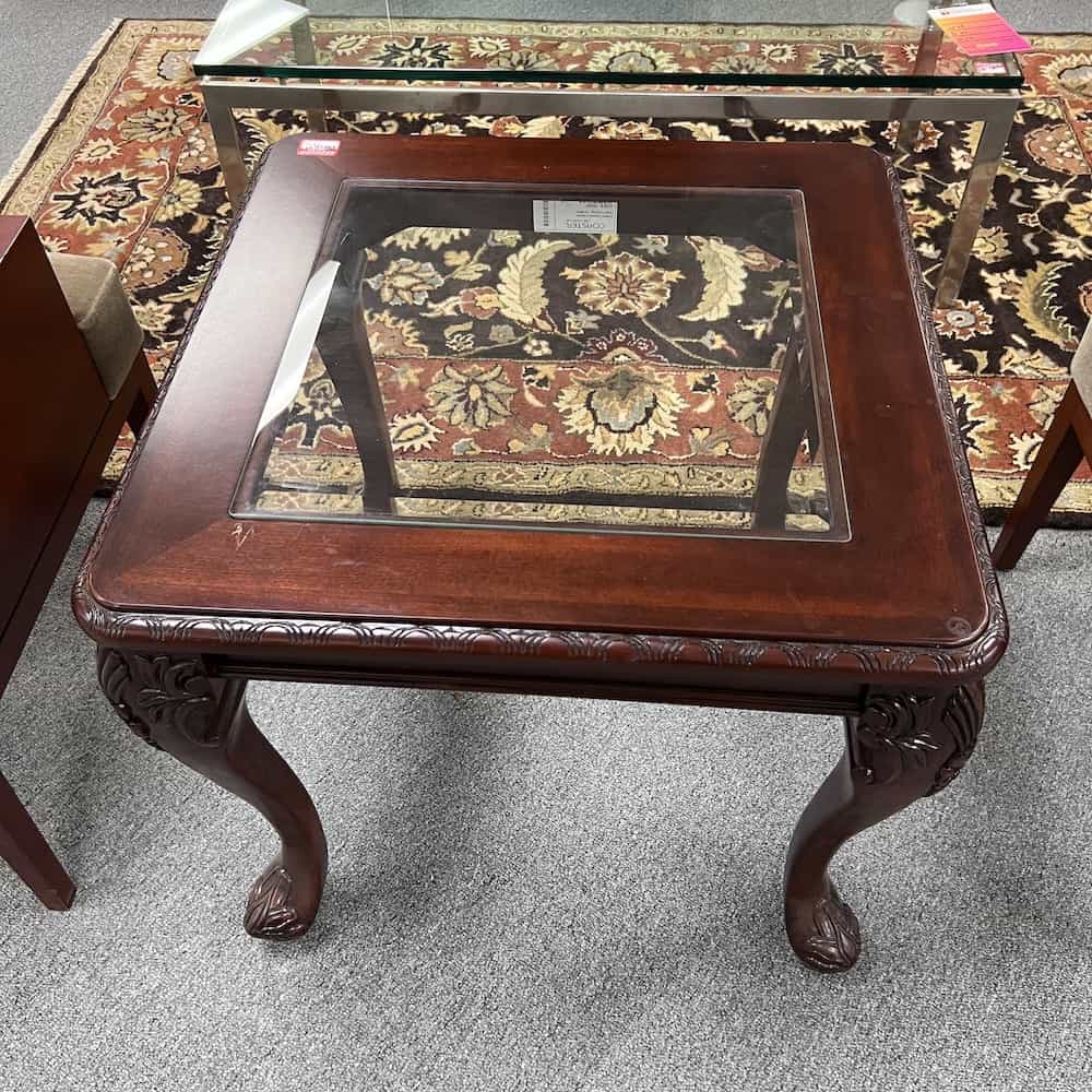 mahogany traditional side table with glass square center