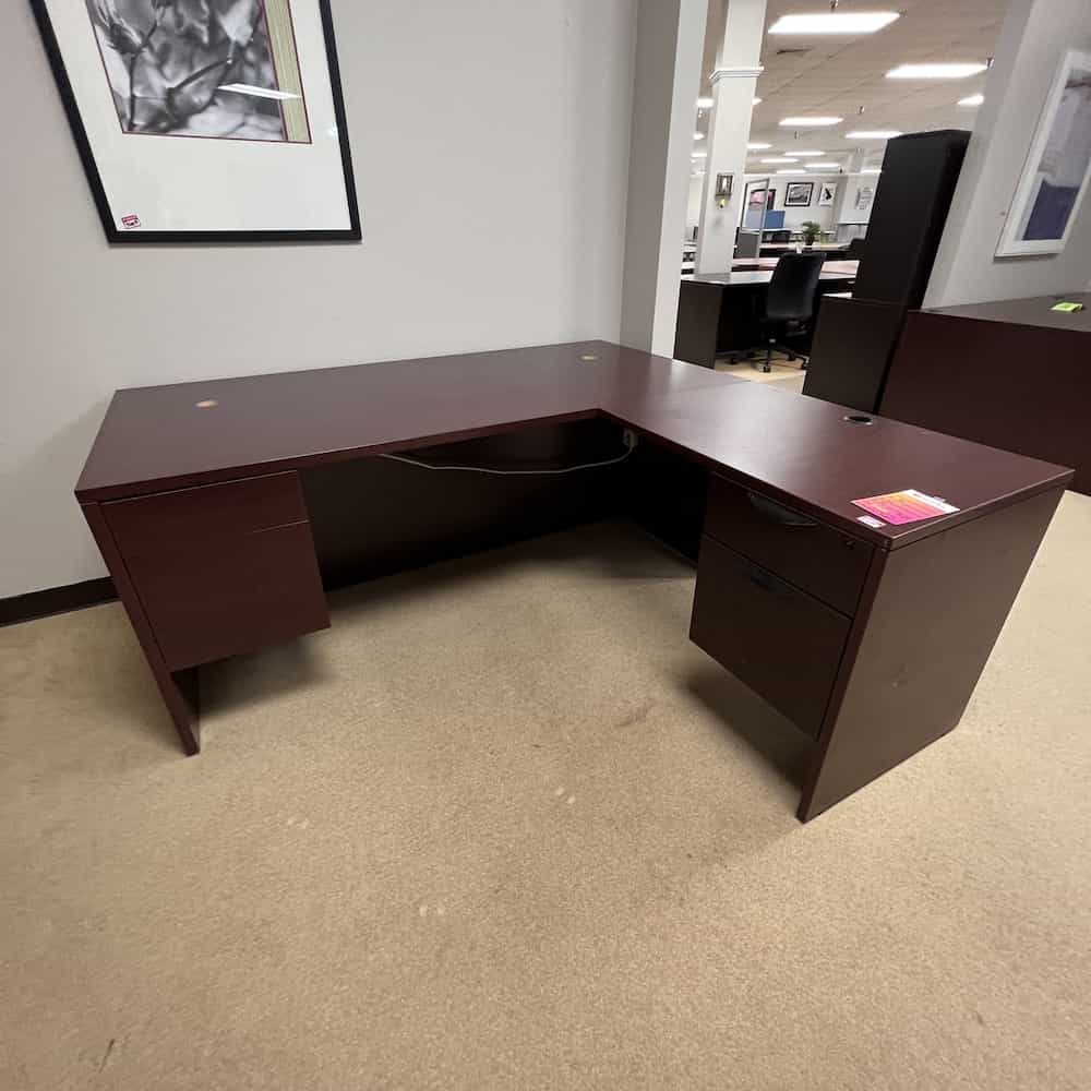 mahogany l-desk right return, 2 hanging files on either side, left side has no pulls