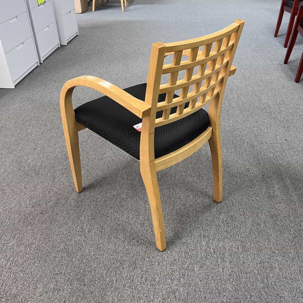 maple squares lattice back guest chair with black cushion seat, back view