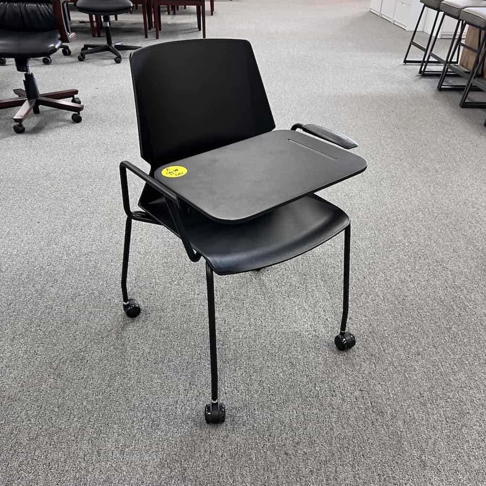 black plastic and metal table chair, table up, front view