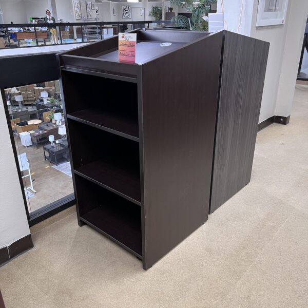 new podium lecturn in laminate, with angled top and two shelves, espresso