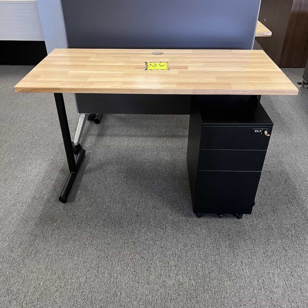 desk SET of maple top desk with black metal T legs, and a black rolling pedestal file with 3 drawers