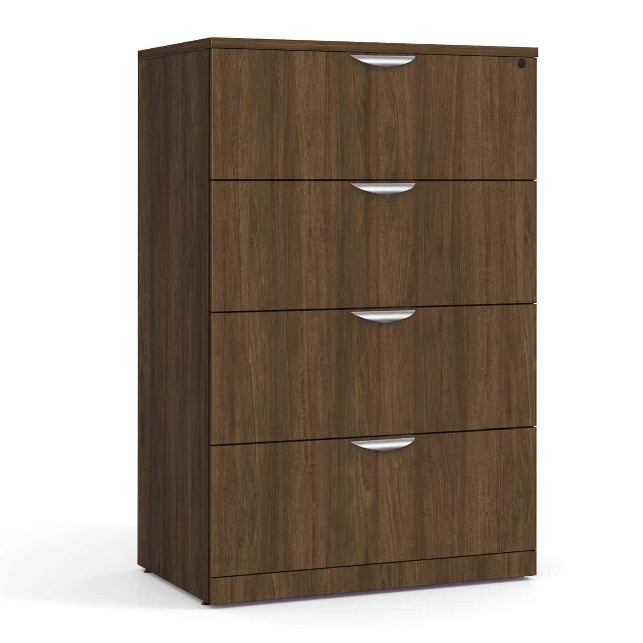 NEW 4 drawer lateral in walnut laminate with silver handles