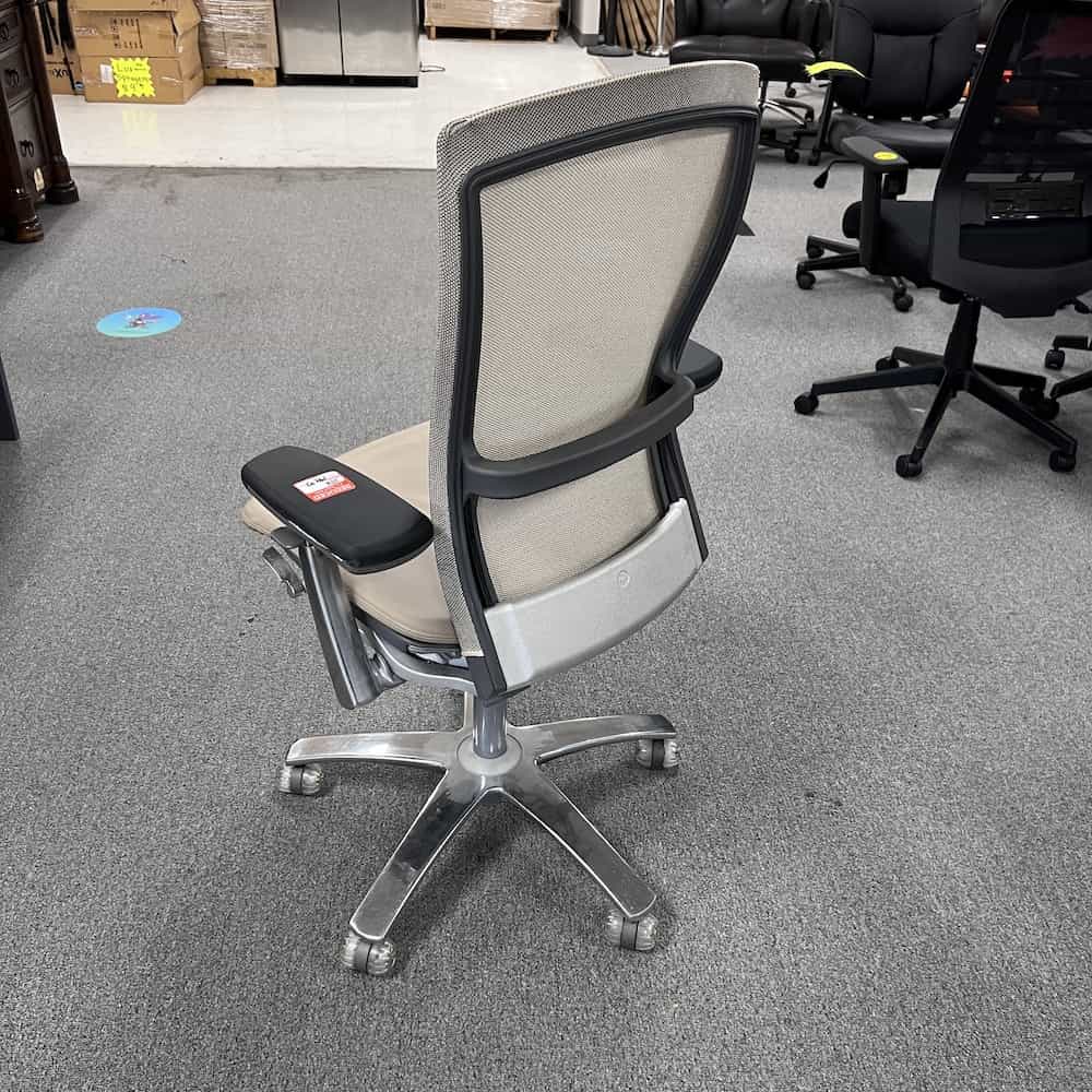 tan leather seat, grey mesh back, knoll life task chair, back view
