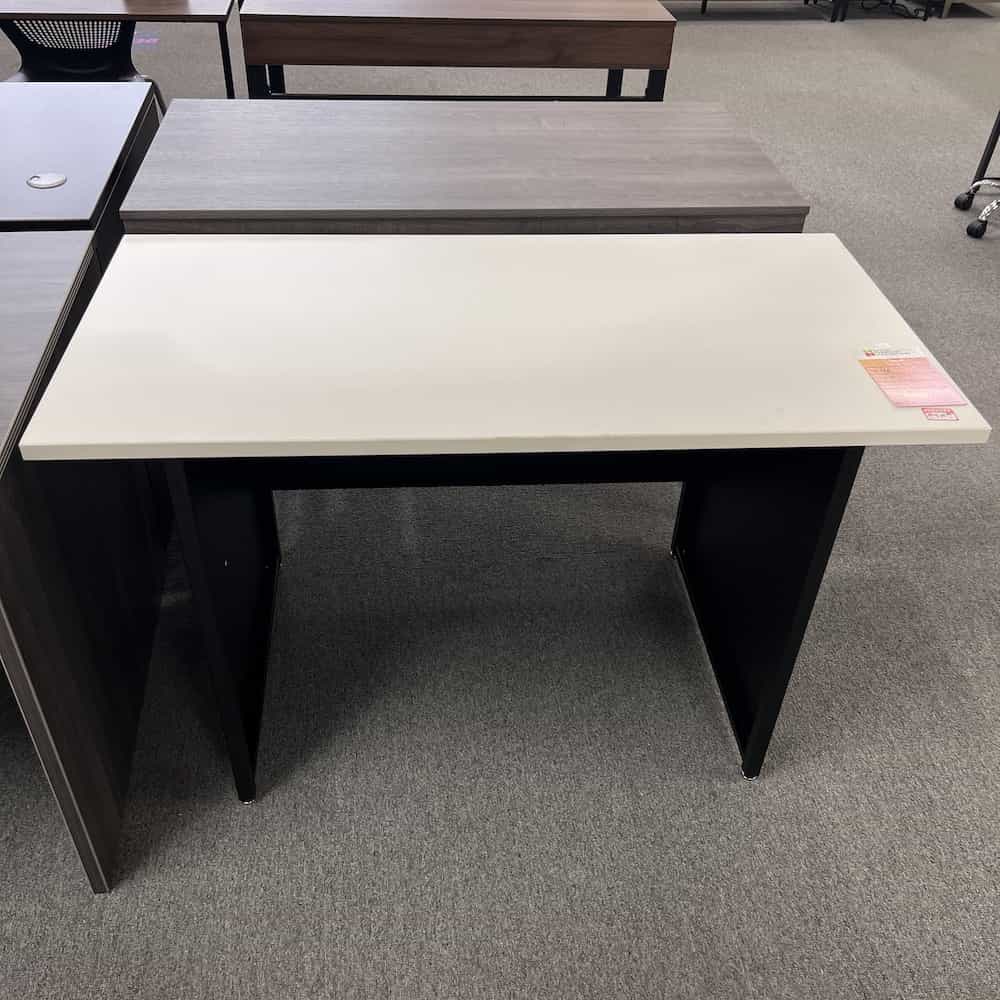 white laminate top desk with black metal base