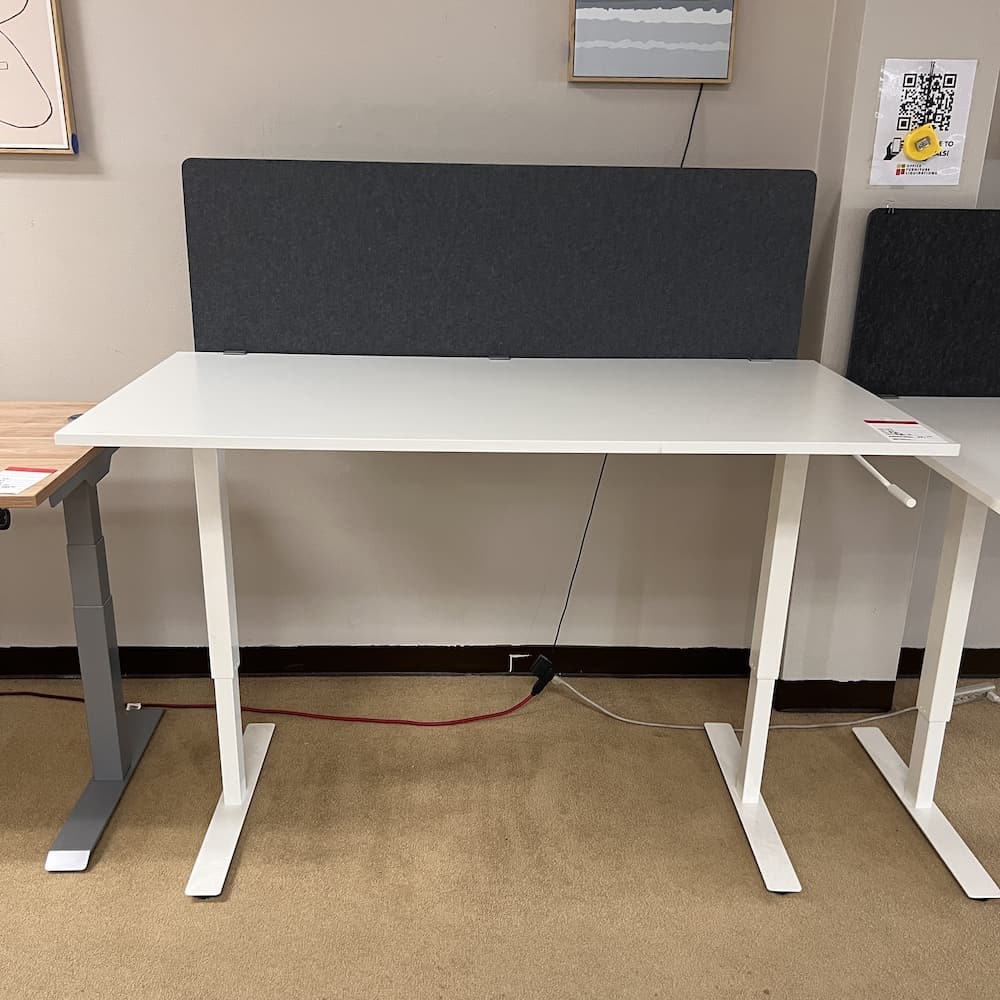 white laminate height adjustable table with with crank height adjust, used office furniture
