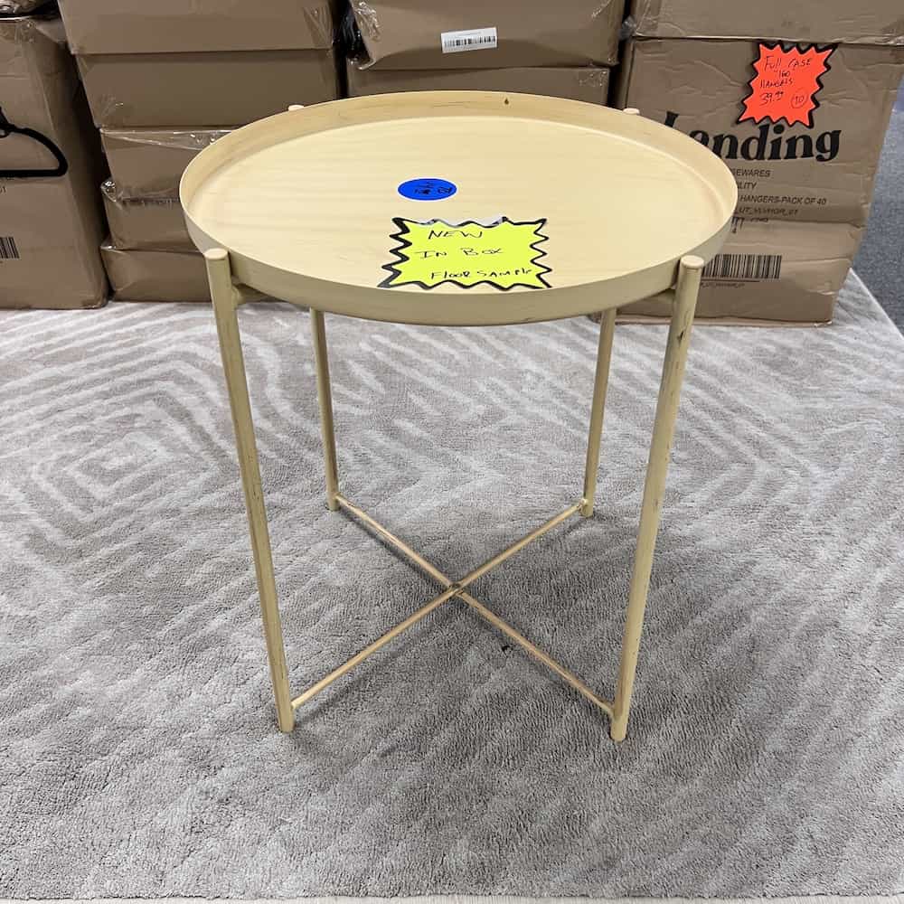 tan yellow metal table, small, x base and four legs