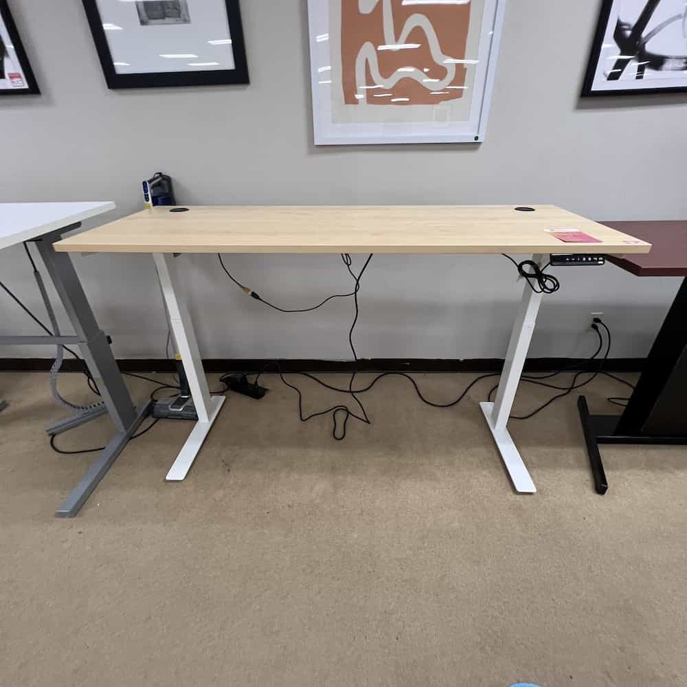 maple laminate top desk 66x24, white base, height adjustable desk electric
