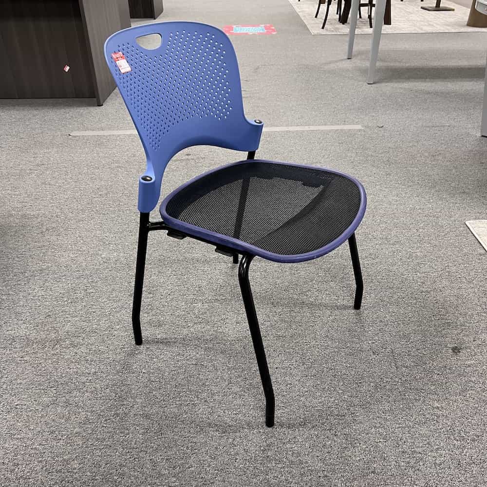 blue seat back, black mesh seat, herman miller stacking caper chair