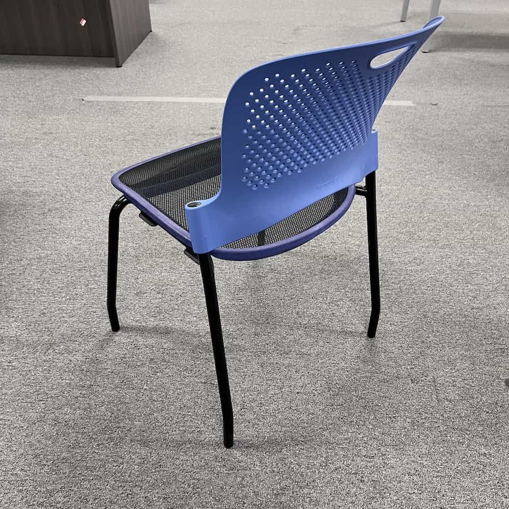 blue seat back, black mesh seat, herman miller stacking caper chair, back view