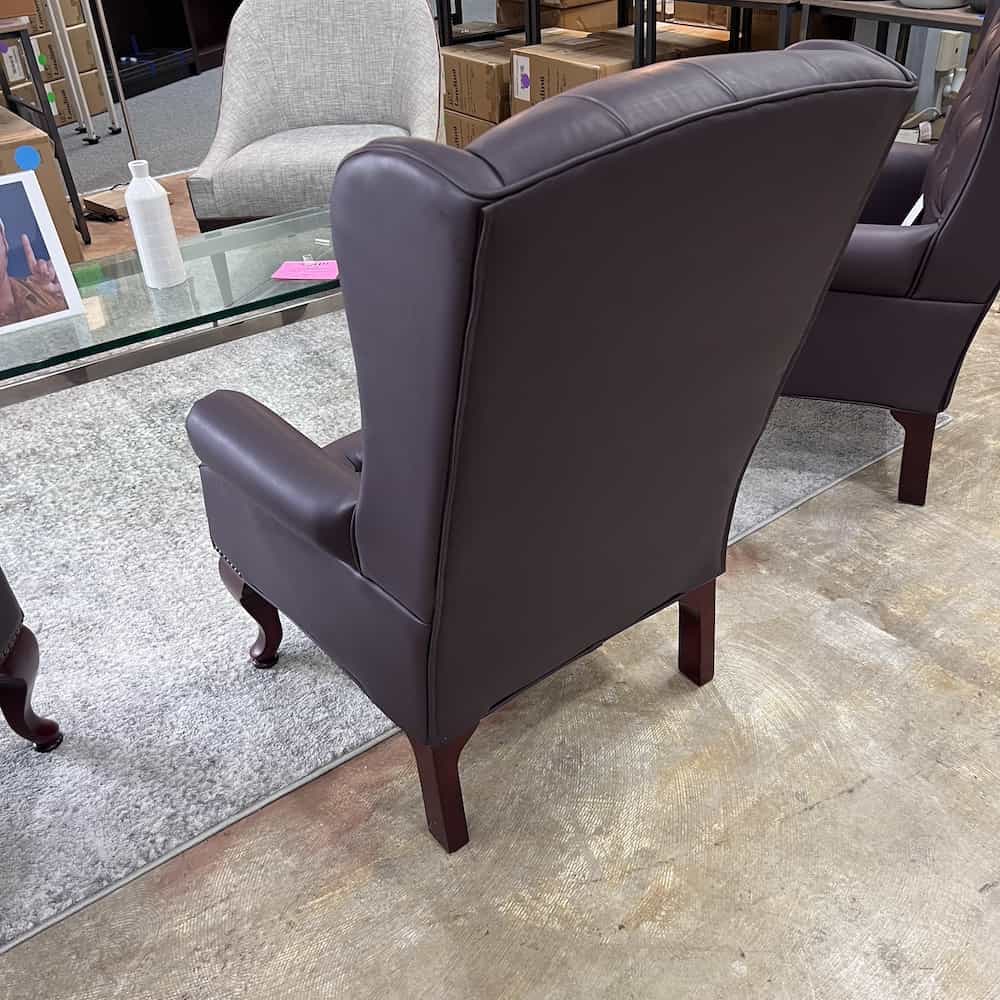 tufted warm brown high back wing back chair, traditional style, back view