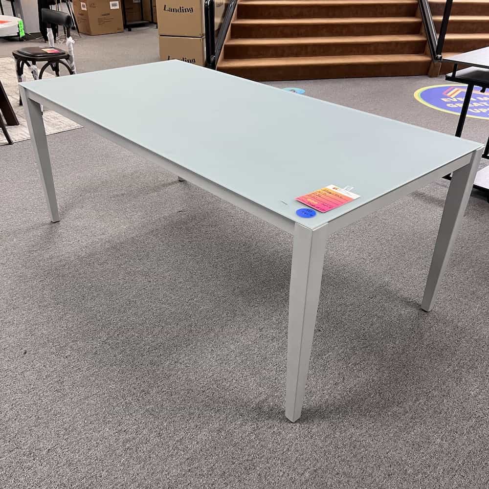 rectangle patio table with frosted glass top, slightly green tinged, metal silver legs