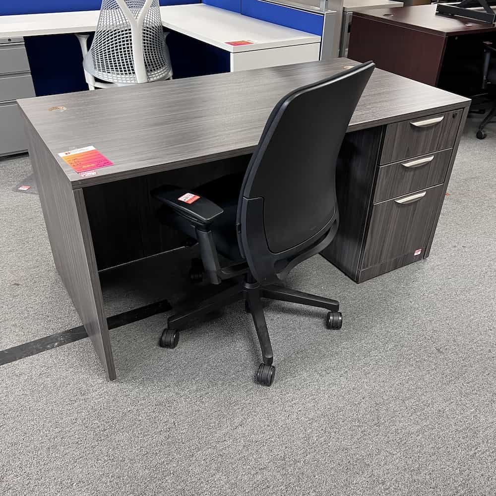grey 60x30 laminate desk with box box file on right side, silver pulls