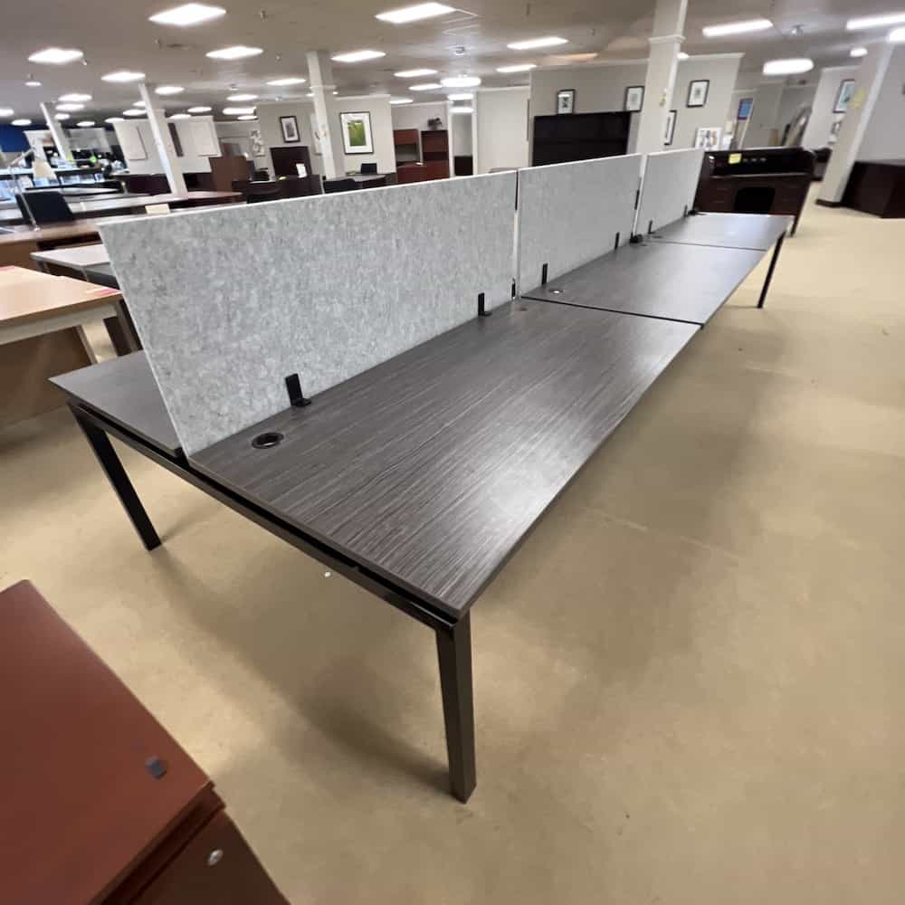 dark grey laminate 6 person workstation desk with black metal legs AND heather grey privacy panel