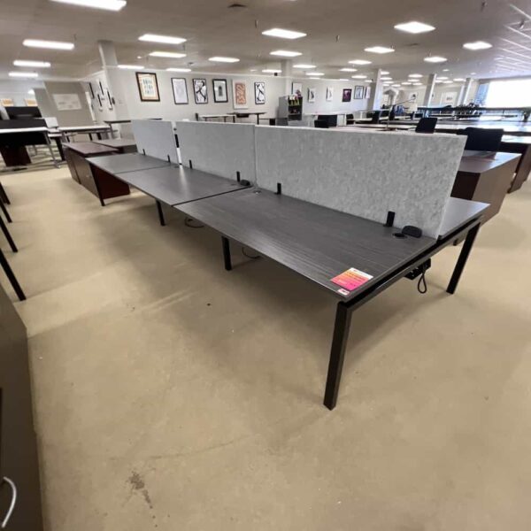 dark grey laminate 6 person workstation desk with black metal legs AND heather grey privacy panel