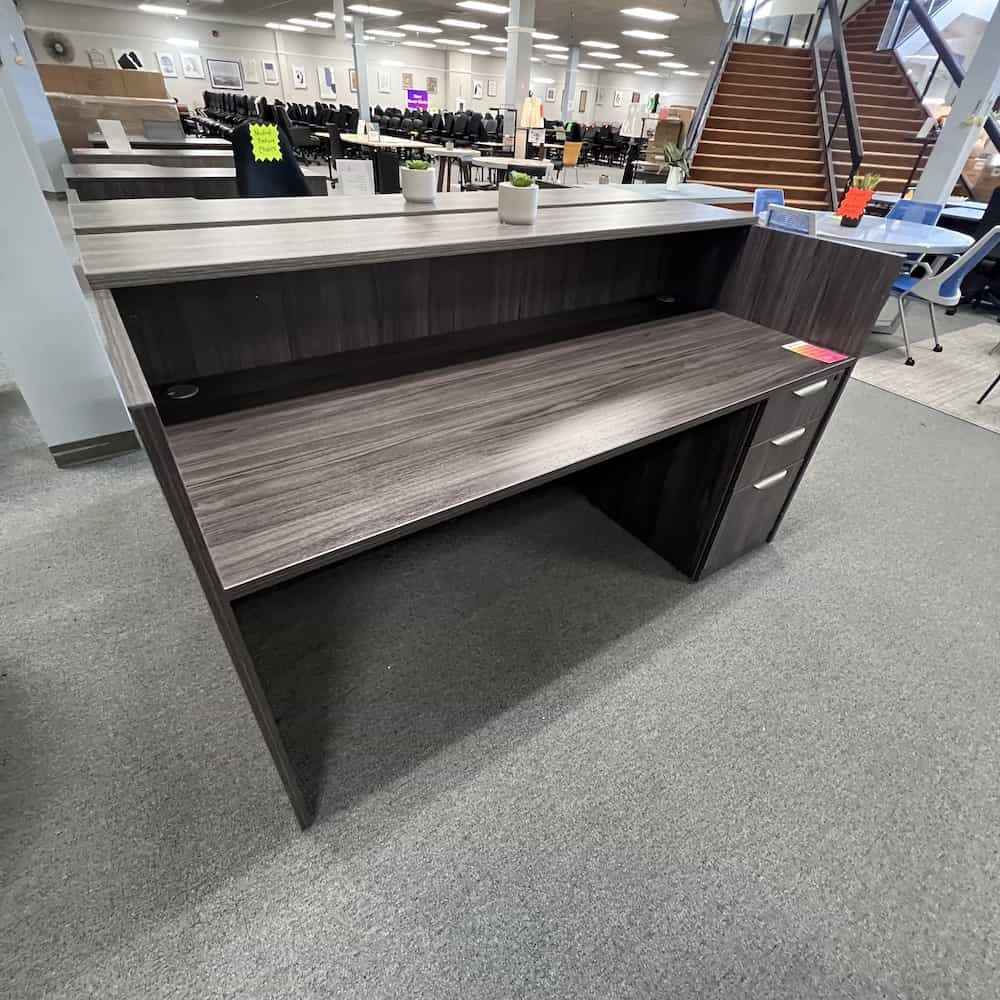 grey reception desk with straight transaction top, one pedestal box box file, front view