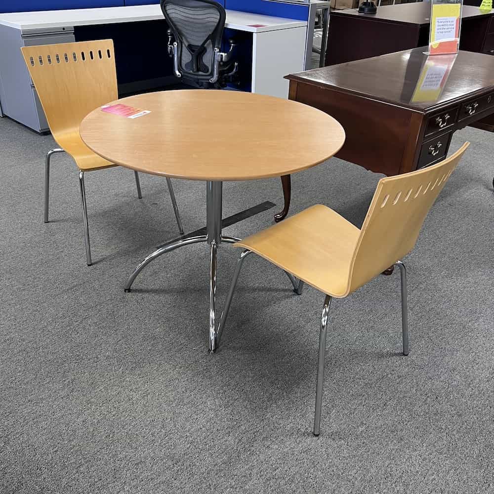 SET 35" Maple and Silver Round Modern Dining Table with 2 Chairs Office Furniture Liquidations