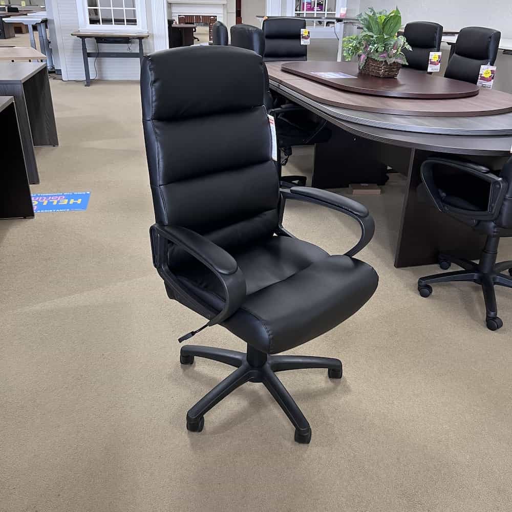 new plush conference chair in black vinyl with fixed arms and high back