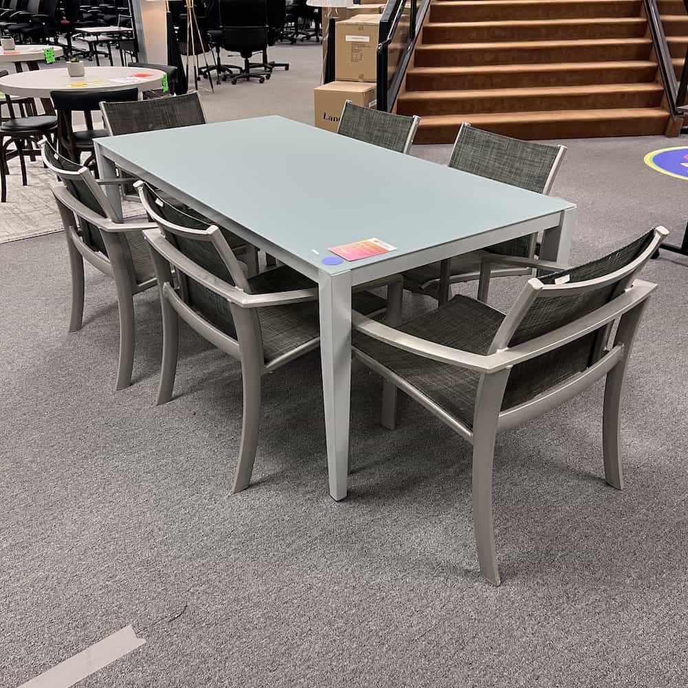 frosted glass table set with 6 chairs, outdoor, aluminum, rectangle