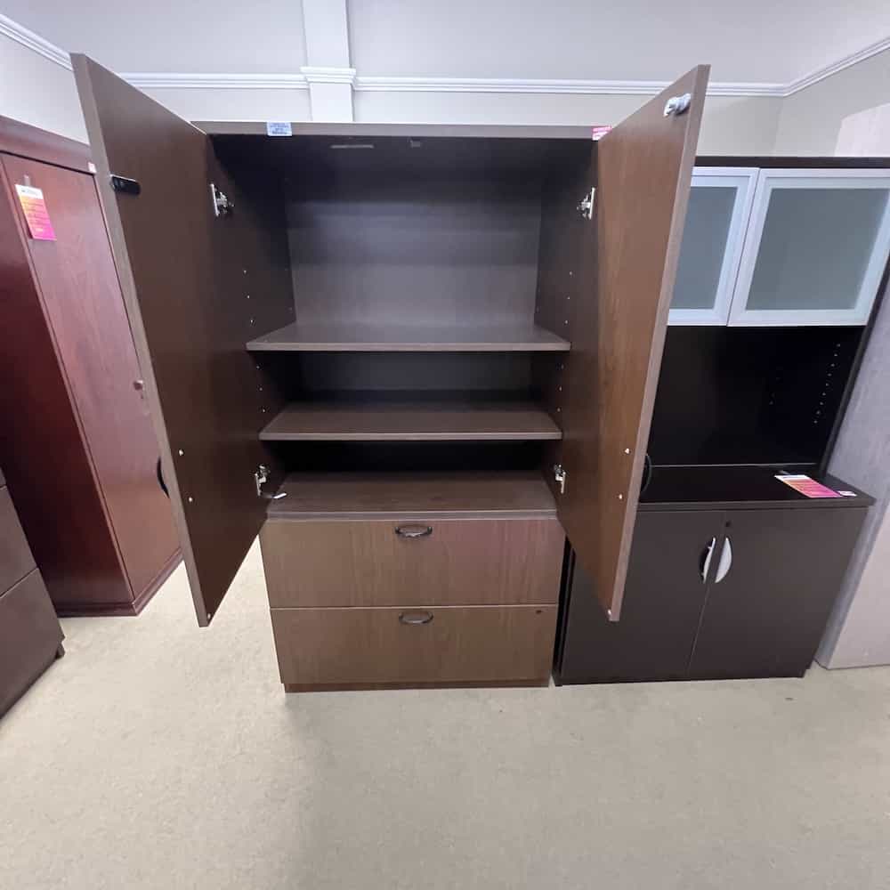 brown walnut laminate storage cabinet with 2 drawer lateral, doors on top open to show bookcase storage inside, two moveable shelves