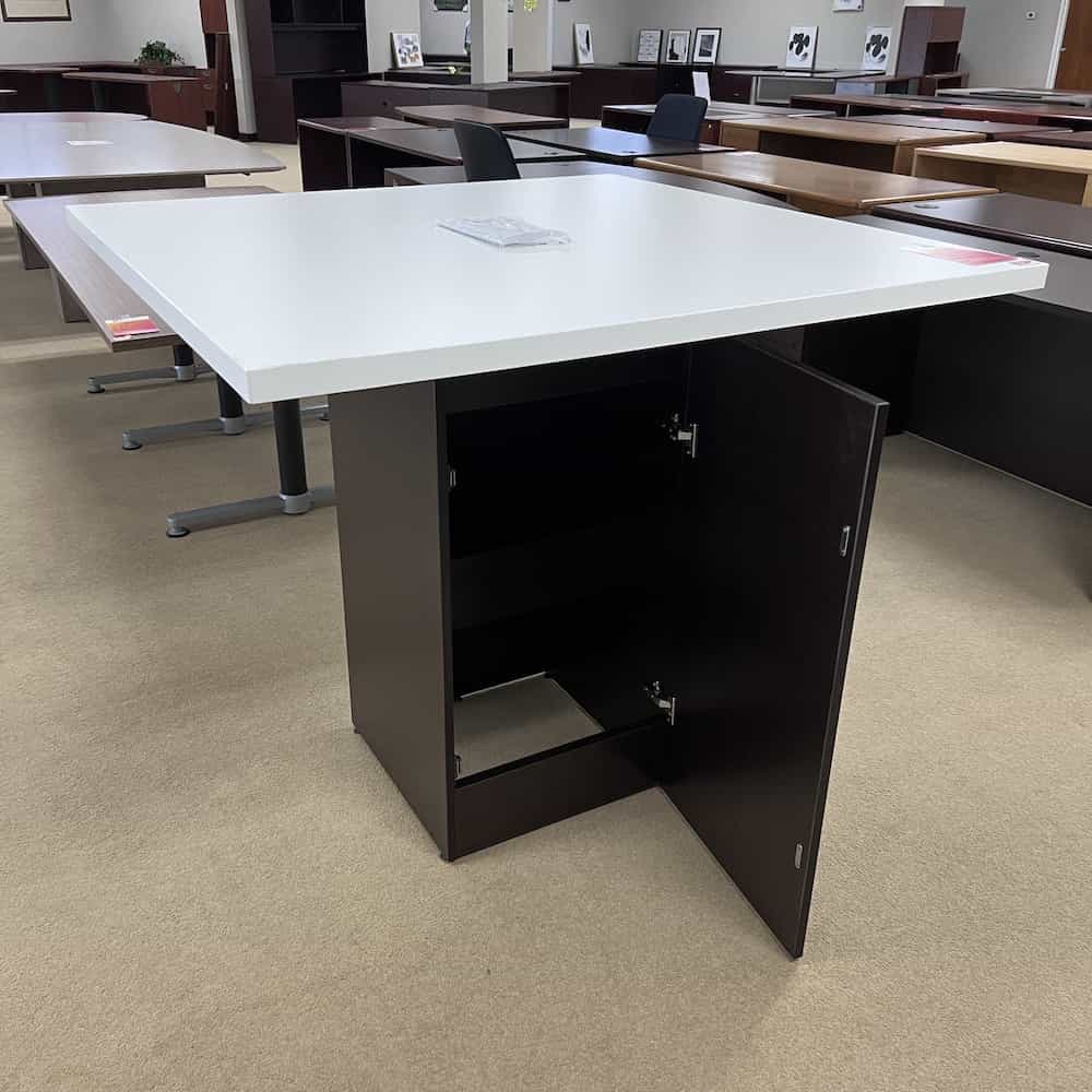 white square top standing collaboration conference table with expresso cabinet base, base is open