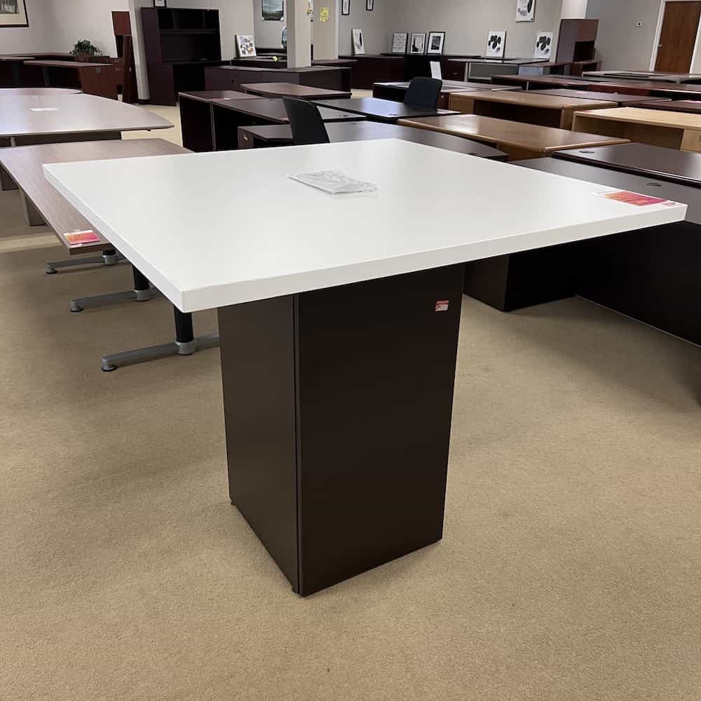 white square top standing collaboration conference table with expresso cabinet base