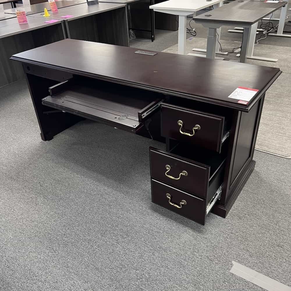mahogany l-desk missing left return, laminate, traditional, box box file, pencil drawer