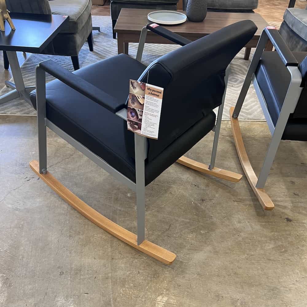 black vinyl rocking chair with maple rockers and silver legs